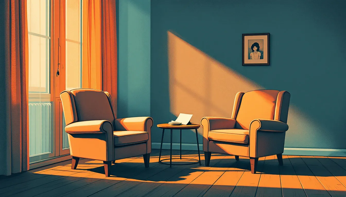 Two empty armchairs face each other in a dim living room, a folded letter resting unopened on one seat, afternoon light casting long shadows on a worn wooden floor