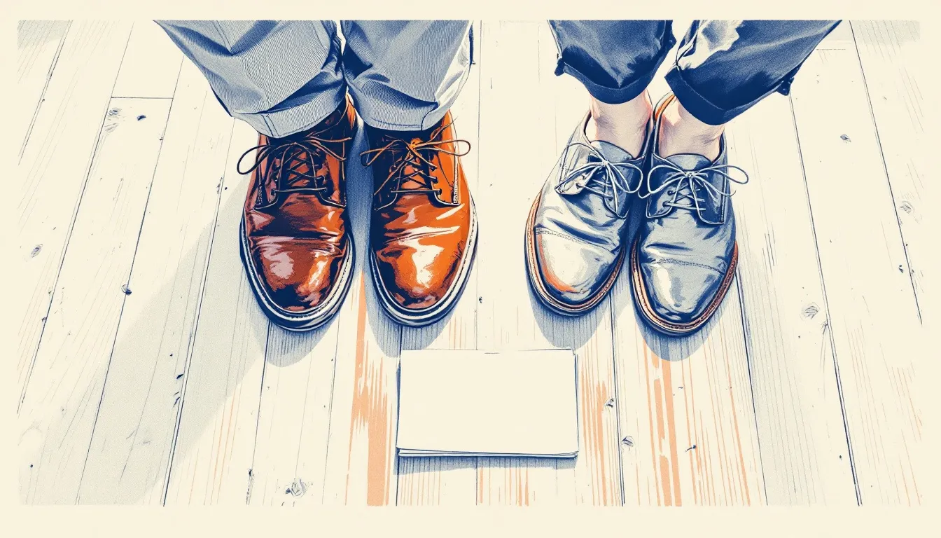 Two pairs of shoes, one work-worn with dark brown skin at the ankle and one polished dress shoes with pale skin, resting side by side on a wooden floor with a folded ballot between them and soft morning light from a window ahead
