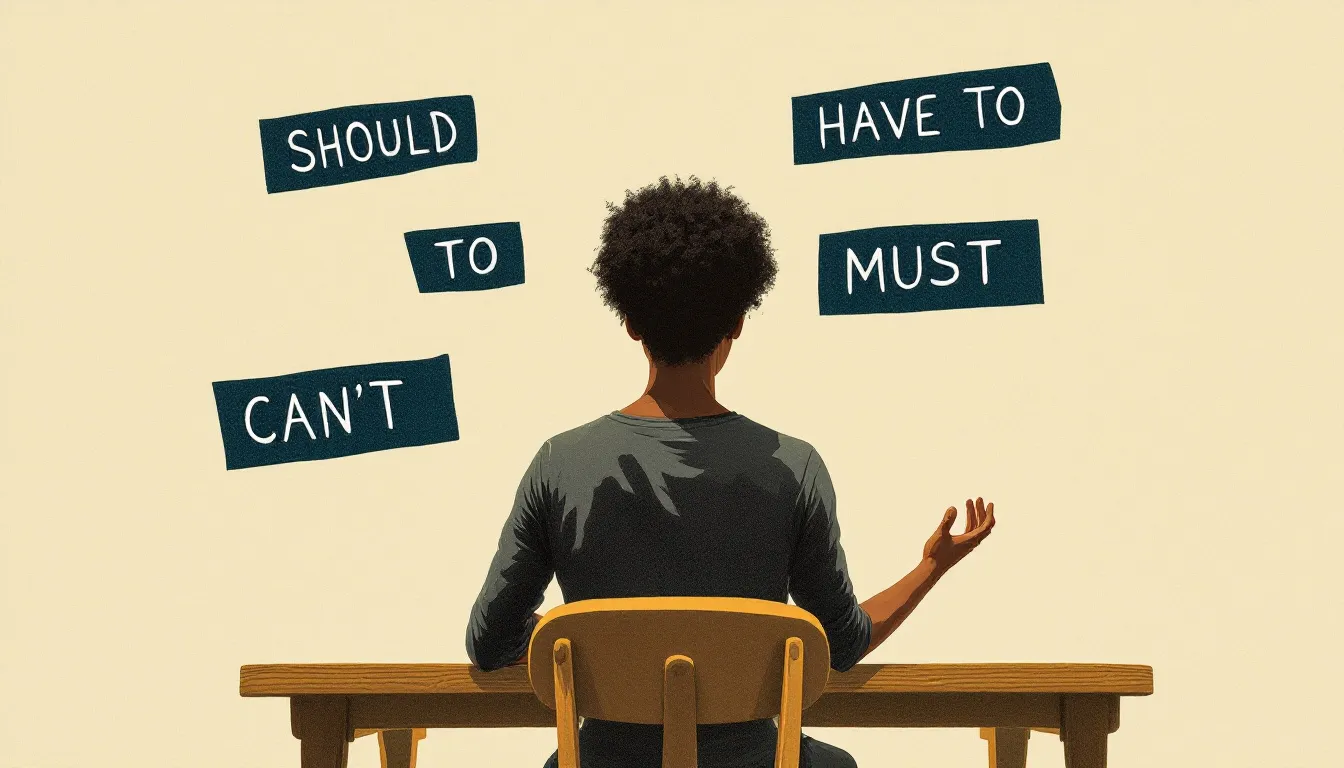 A linocut illustration of a person with warm brown skin seated at a wooden desk, seen from behind, surrounded by floating block-letter words casting shadows downward onto the desk surface.