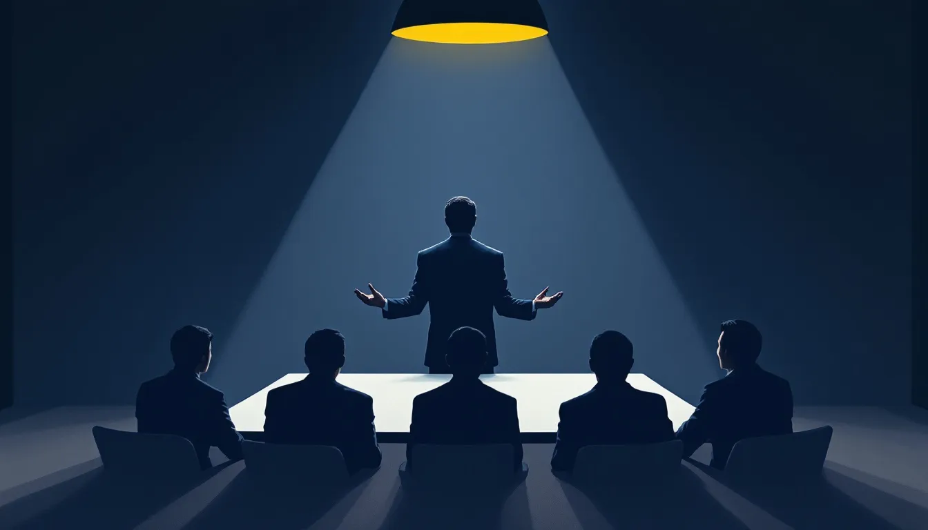A gouache illustration of a suited figure speaking across a long conference table while their shadow stretches over a row of silhouetted, inward-turning employees seated on the opposite side