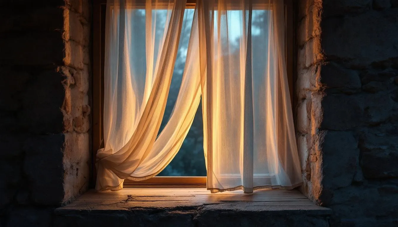 Sheer curtains glow with warm light at a stone window at dusk