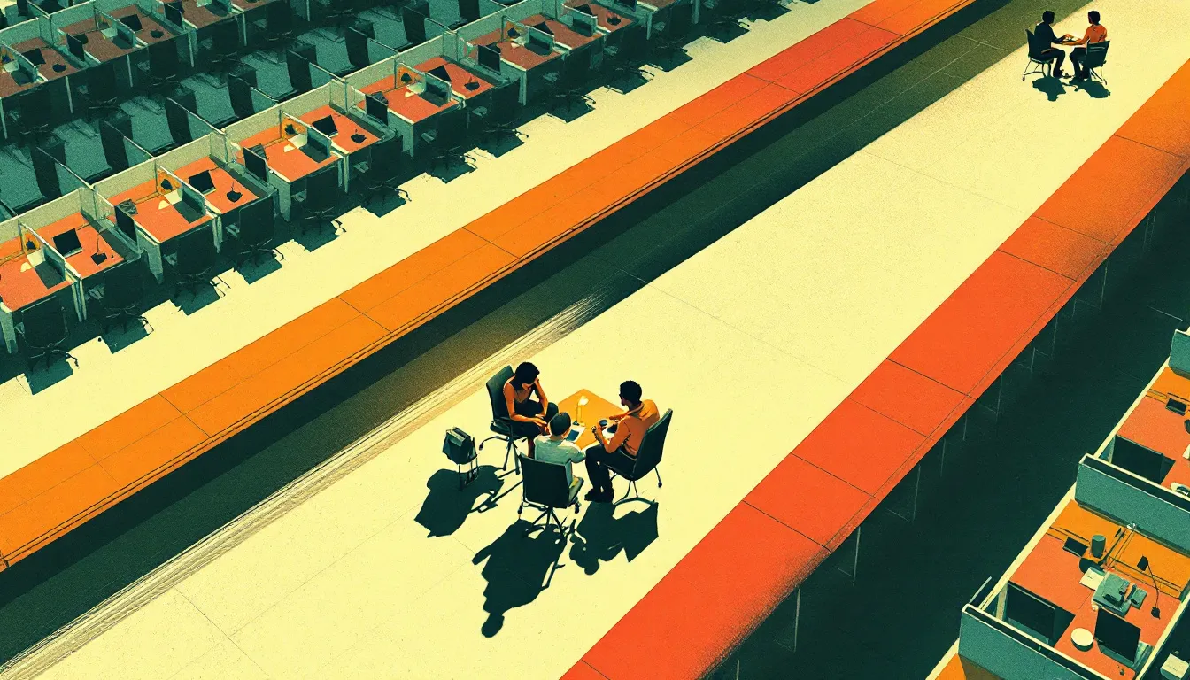 A risograph-style overhead view of a rigid open-plan office where two figures with medium-brown skin sit apart from the rows of identical desks, leaning toward each other in quiet conversation beside a warm amber lamp