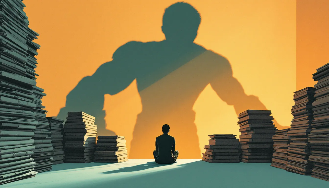 A silhouetted figure sits among towering stacks of newspapers in a dim reading room, while enormous distorted shadow-shapes loom on the wall behind them, bearing no resemblance to the small person below