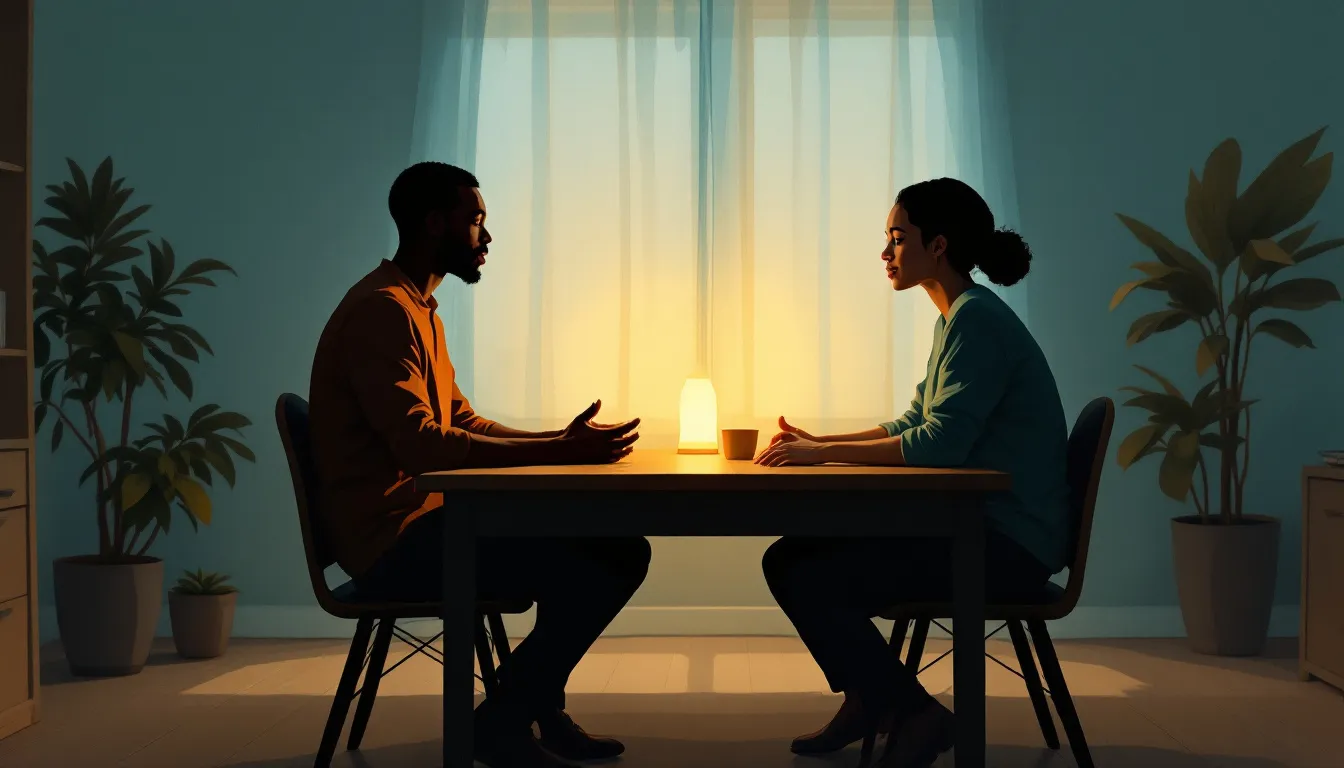 Two people sit across from each other in a warmly lit room, one leaning forward and one perfectly still, amber lamplight glowing between them on a wooden table while neither speaks