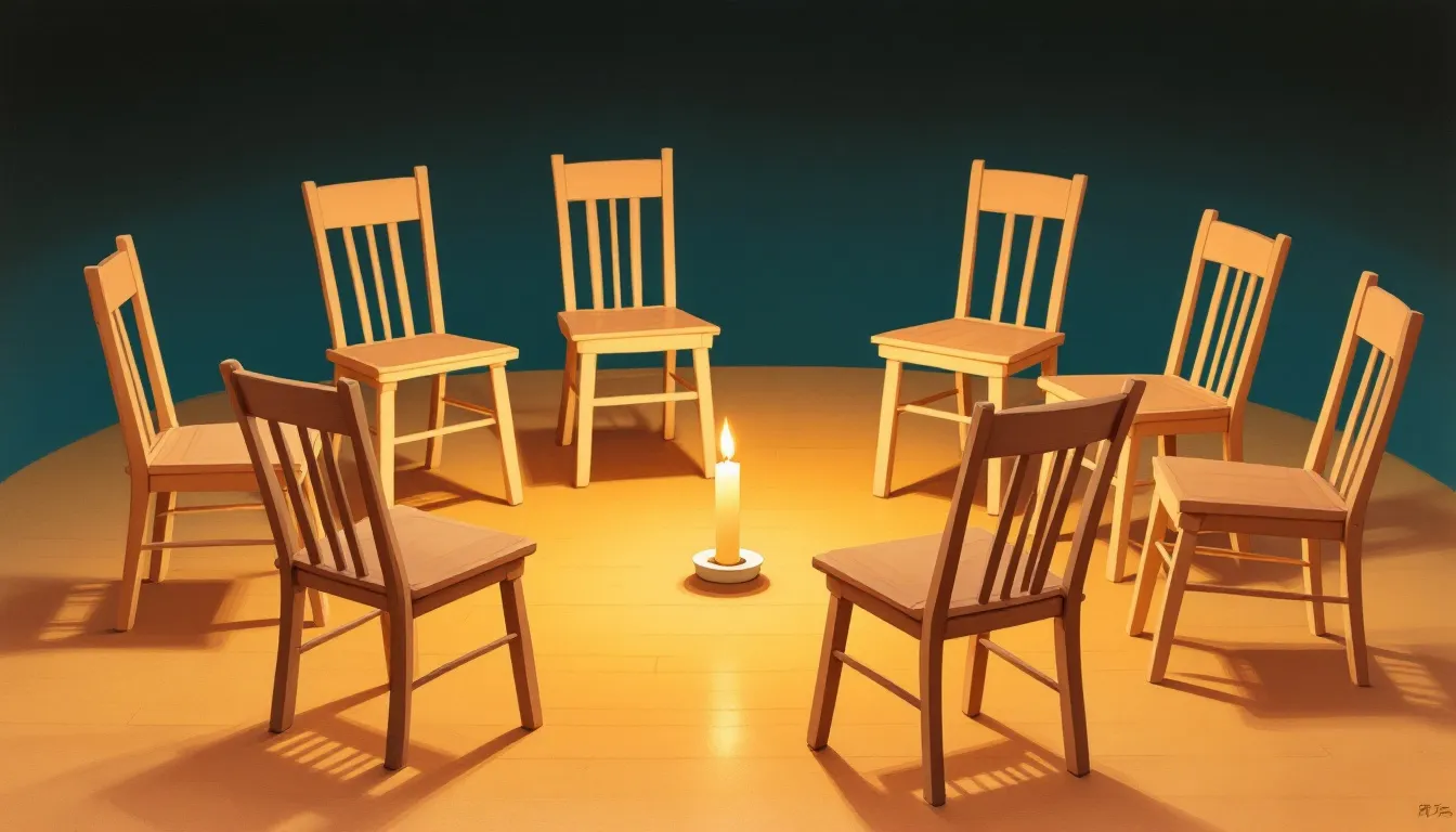 A gouache illustration of eight empty wooden chairs arranged in a circle around a single burning candle on a warm pine floor, set against deep teal-blue walls
