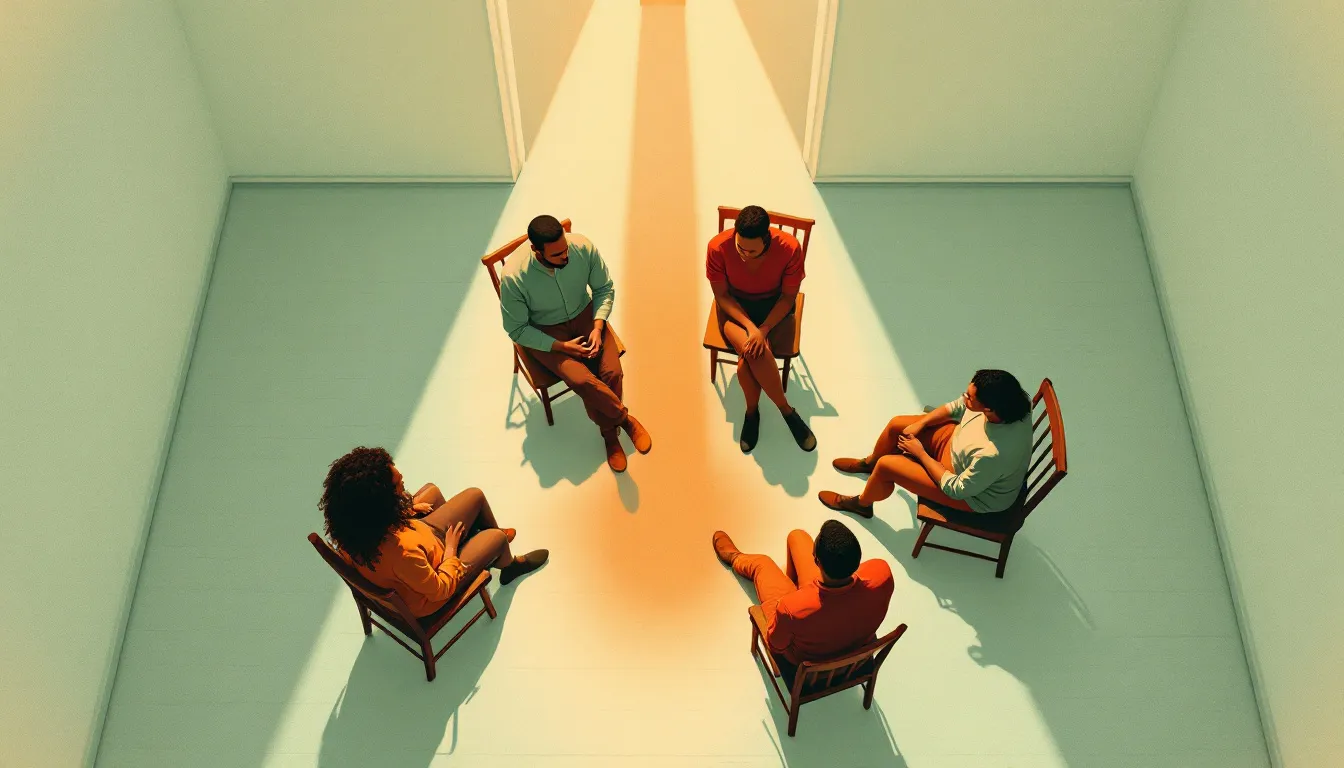 Overhead risograph illustration of six silhouetted figures seated in a small circle on wooden chairs, bathed in warm terracotta and sage tones with a beam of amber light falling across the bare floor at the center