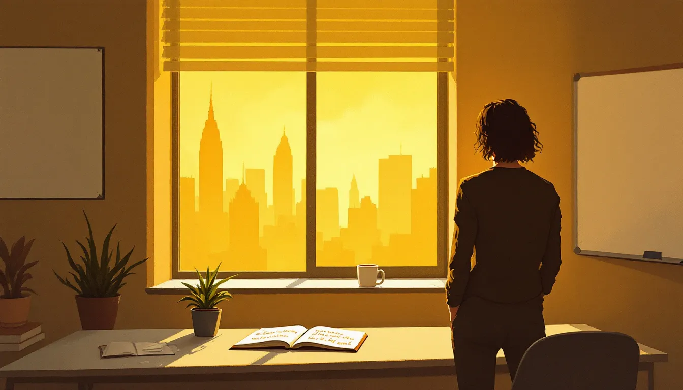 A silhouetted figure stands at a tall office window in warm amber afternoon light, a small succulent and open notebook on the sill, with a quiet empty room behind them