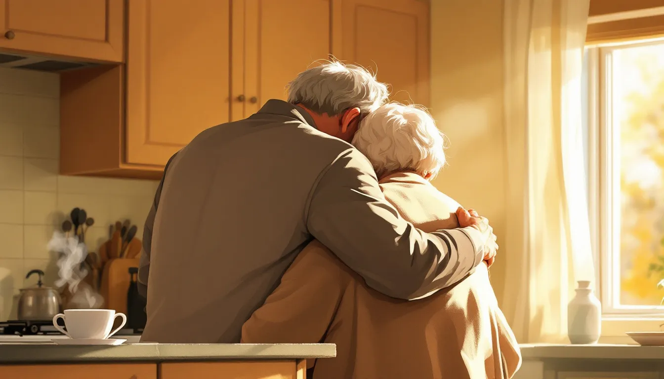 An adult seen from behind drapes a cardigan over an elder's shoulders in a warm kitchen, afternoon light falling through the window