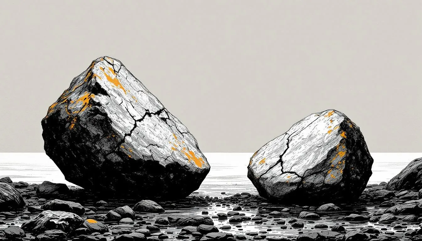 Two cracked boulders flecked with orange resting on a stony shore in stark ink style
