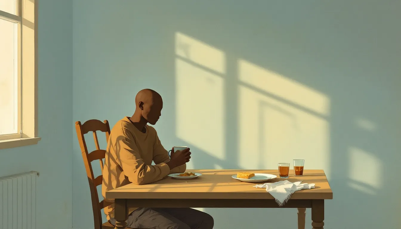 A person with warm brown skin sits alone at a kitchen table holding a mug, facing an empty chair with an untouched glass, late afternoon light casting long shadows across two half-eaten place settings