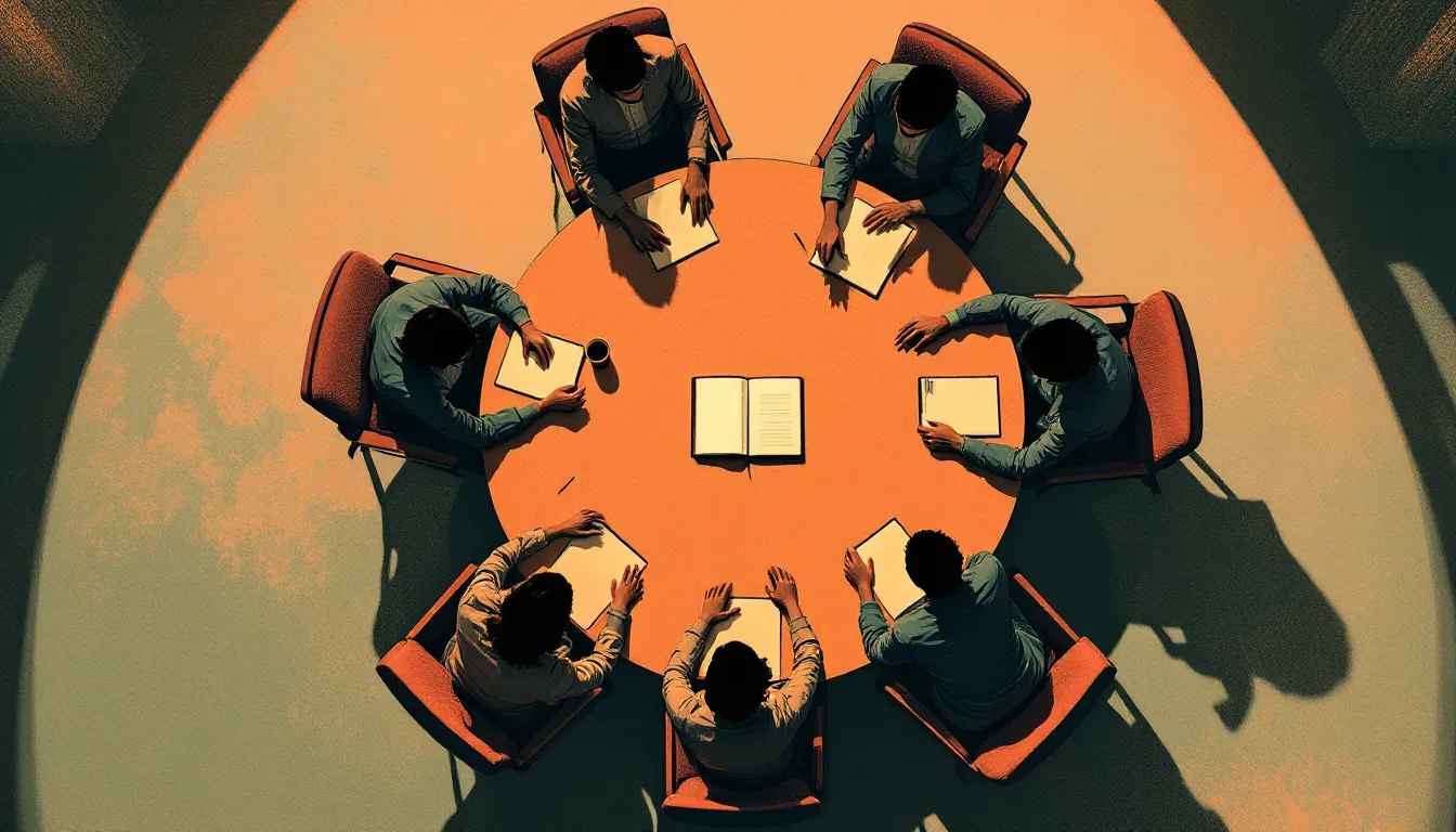 Overhead risograph illustration of seven silhouetted figures seated around a round meeting table, divided into two clusters with an empty gap between them and an open notebook at the center
