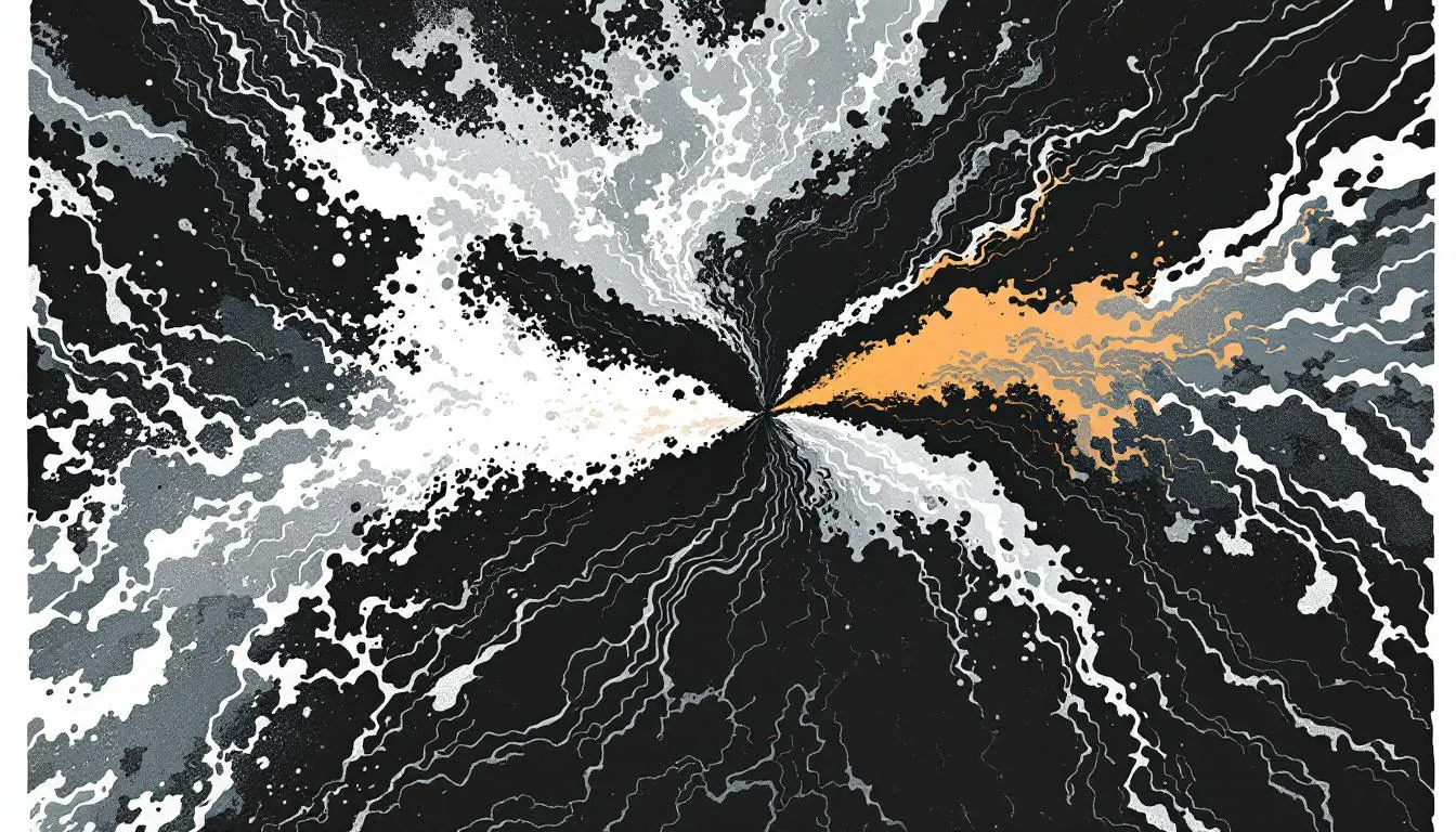 Black, white, and orange waves of fine lines converging at a single vanishing point