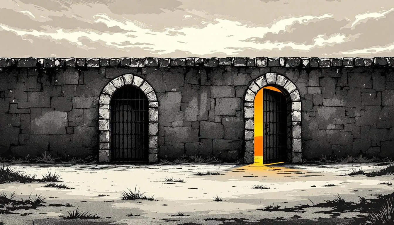 Two barred archways in a stone wall, one shut in shadow, the other open to golden light