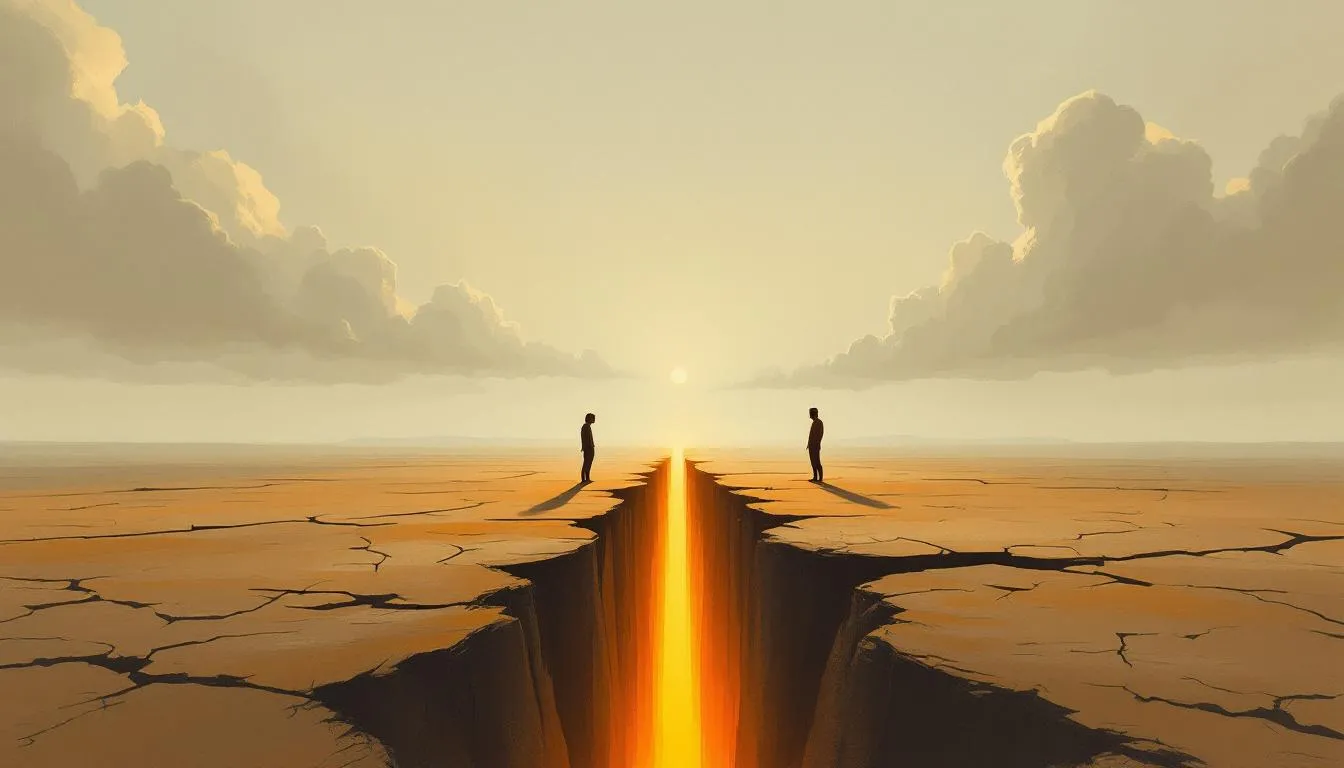 Two figures stand on opposite sides of a glowing molten crack splitting dry earth