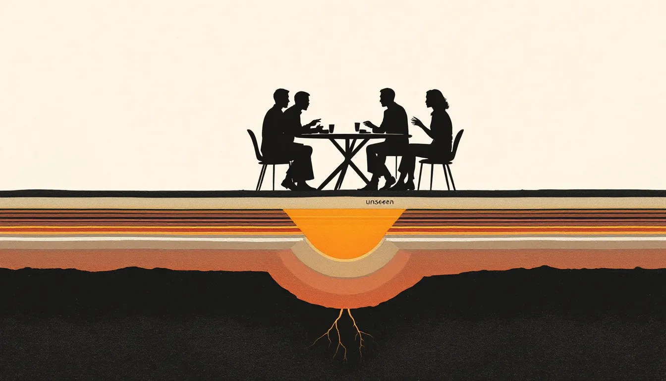 A risograph-style cross-section illustration showing four silhouetted figures seated around a round table above ground, with visible geological strata beneath in ochre, amber, and dusty rose layers, the deepest layer glowing warm gold