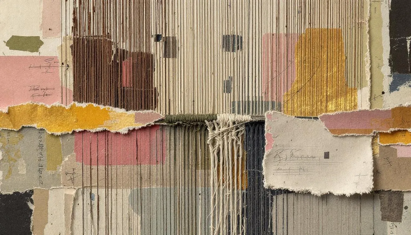 A collage of torn paper scraps over loose vertical threads in muted earthy tones