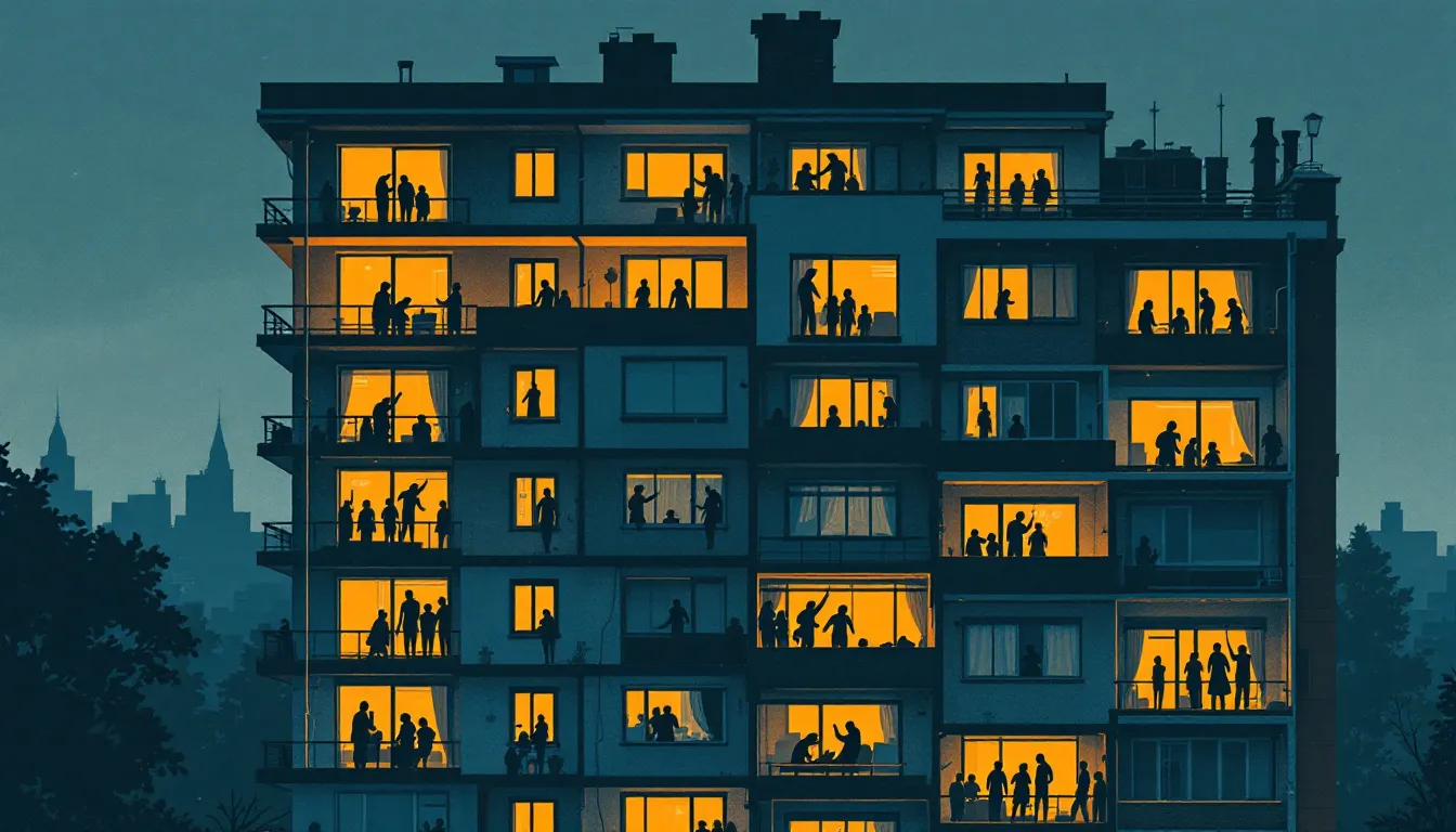 Risograph cross-section of a multi-story apartment building at dusk, silhouetted figures at every floor reaching toward windows of unequal light and warmth