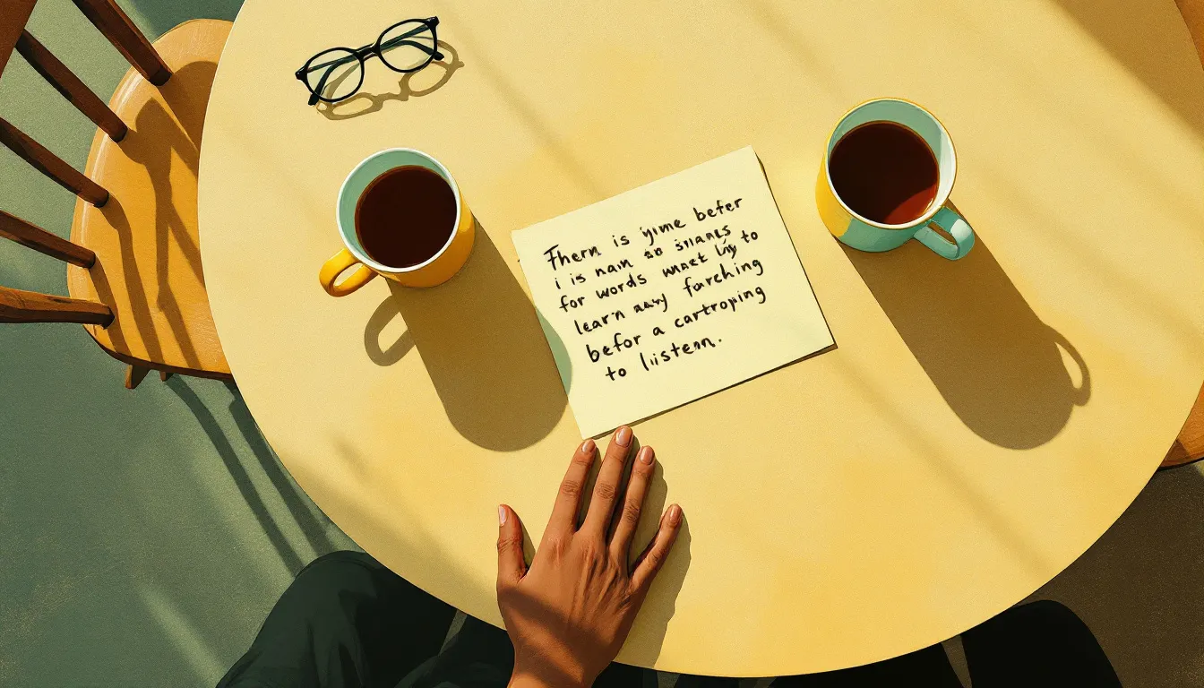 A kitchen table seen from above with two mugs of tea, an open notepad with crossed-out words, and the silhouetted shoulders of two people seated in afternoon light