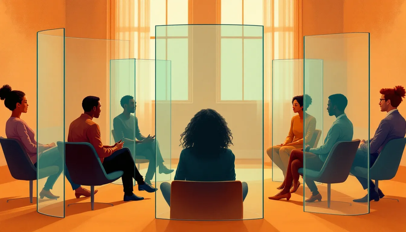 A circle of seated figures in a warm meeting room, each enclosed by a tall translucent glass panel, with one brown-skinned figure gesturing mid-speech while others sit still behind their barriers in ochre and dusty teal light