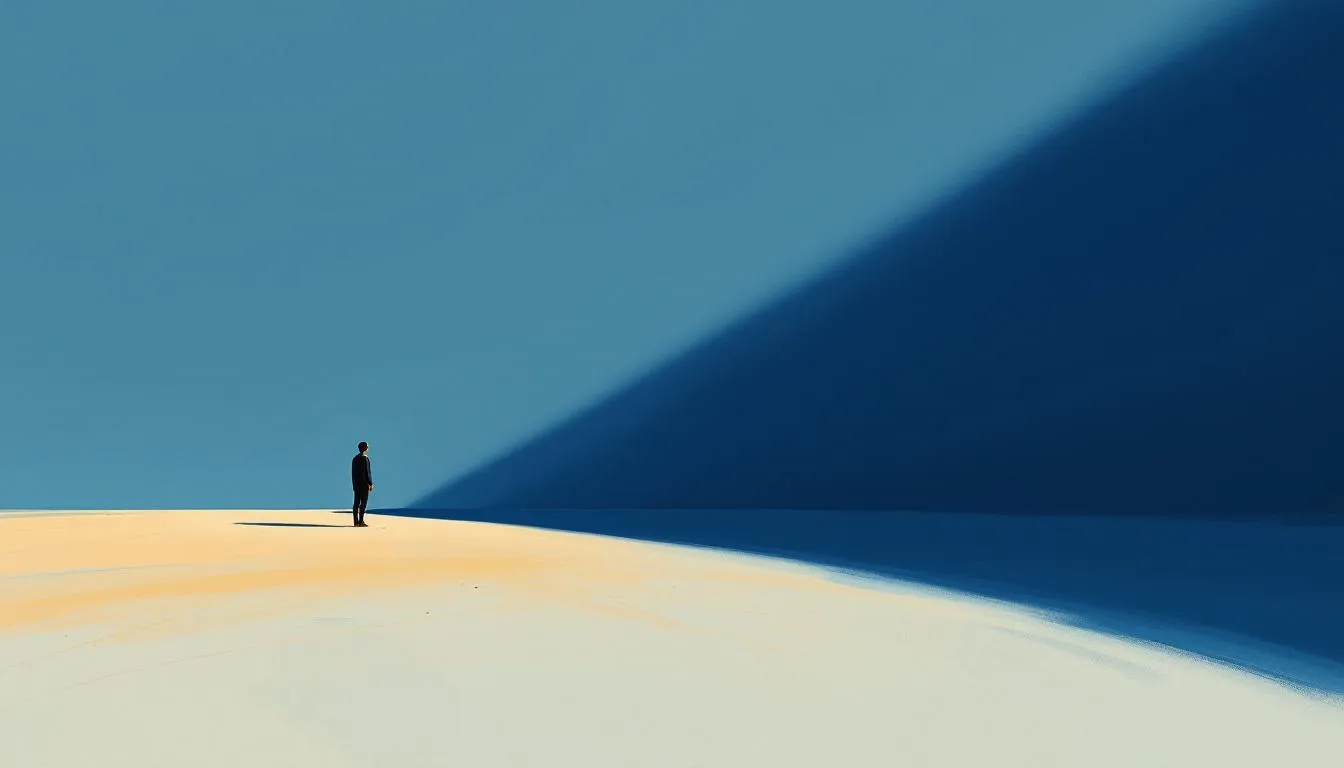 A tiny lone figure on a pale dune at the edge of a vast blue shadow