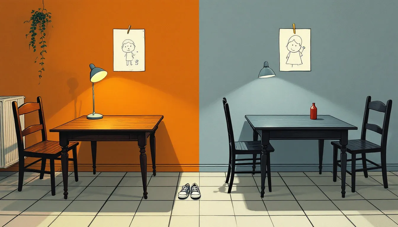 A risograph-style illustration of two separate kitchen tables with warm lamps, children's drawings on the walls above each, and a single pair of small shoes centered between them on a shared floor.