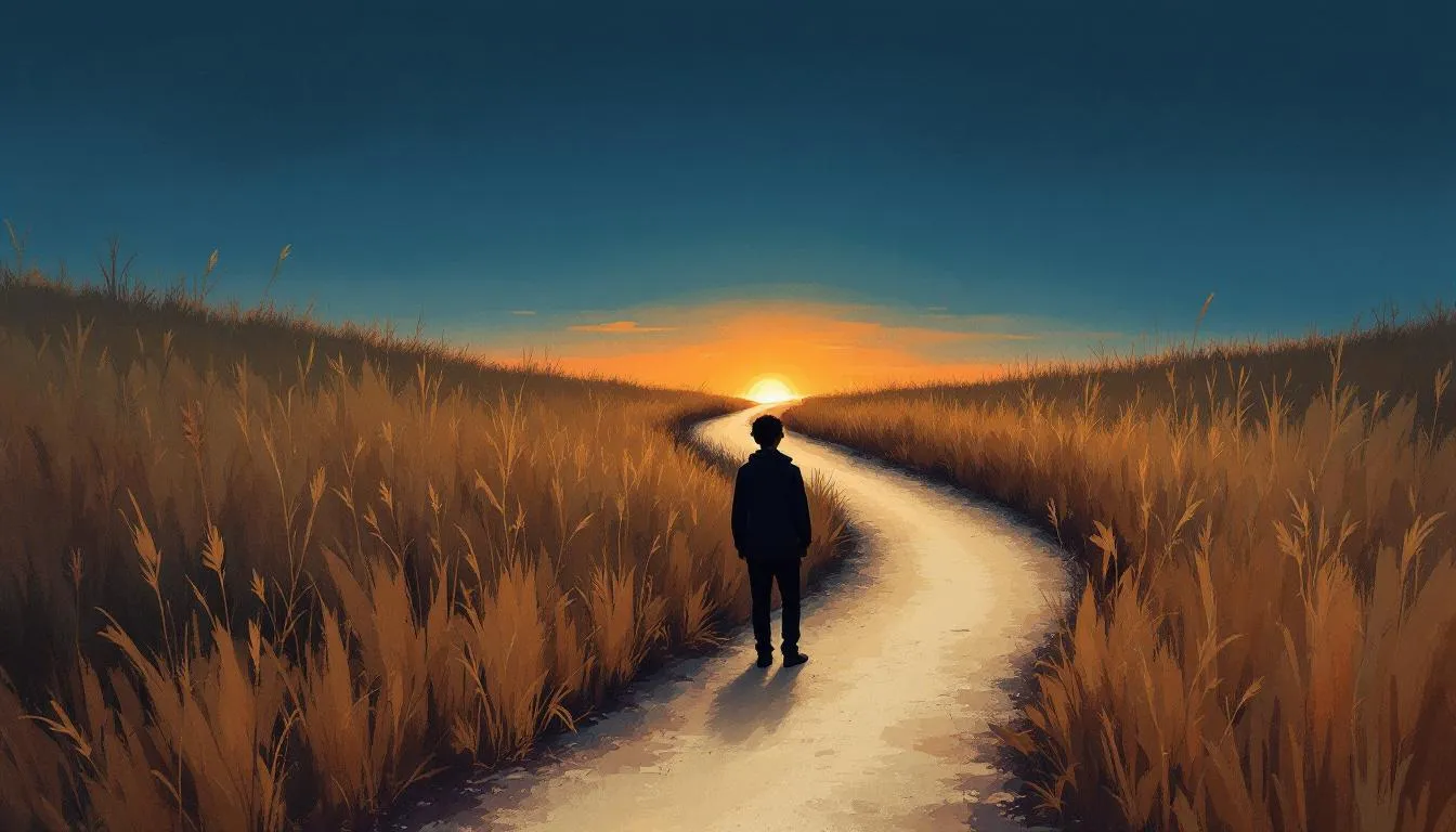 A lone figure on a winding path through tall grass facing a low sunset