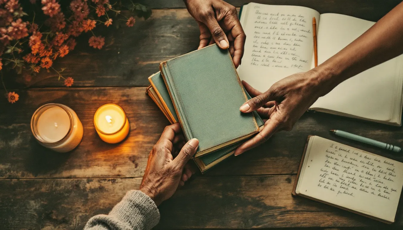 An older pair of medium-brown hands arranging worn books and a lit candle on a wooden table while a younger pair of lighter-brown hands reaches in to receive the top book