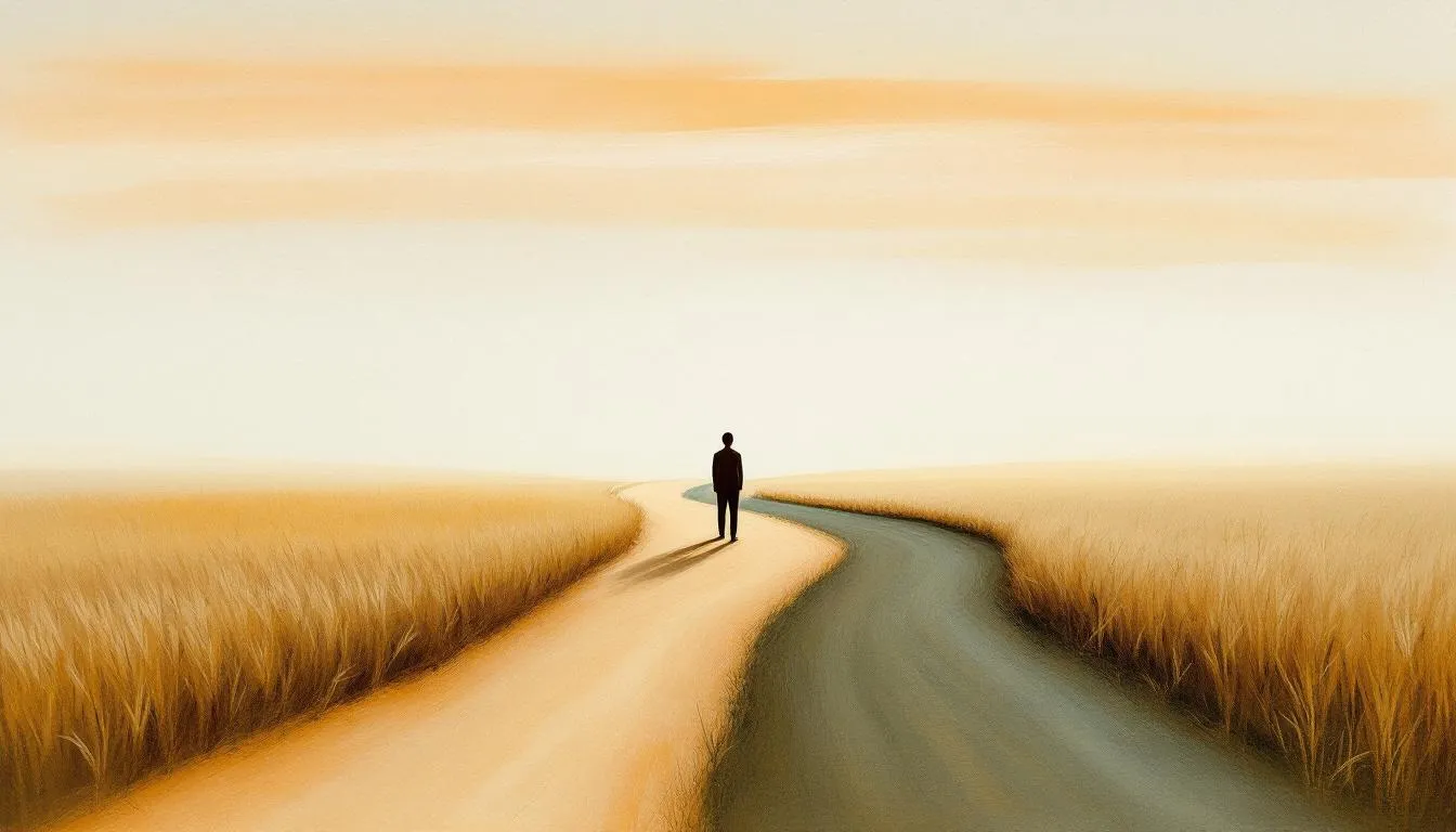 A lone figure on a pale path forking through golden fields under a soft sky