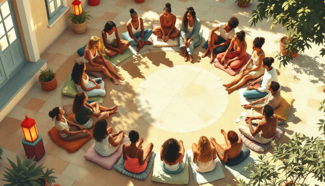 Overhead risograph illustration of a diverse circle of people seated in a sunlit courtyard, leaning inward with open hands, terracotta and sage tones with radiating afternoon shadows
