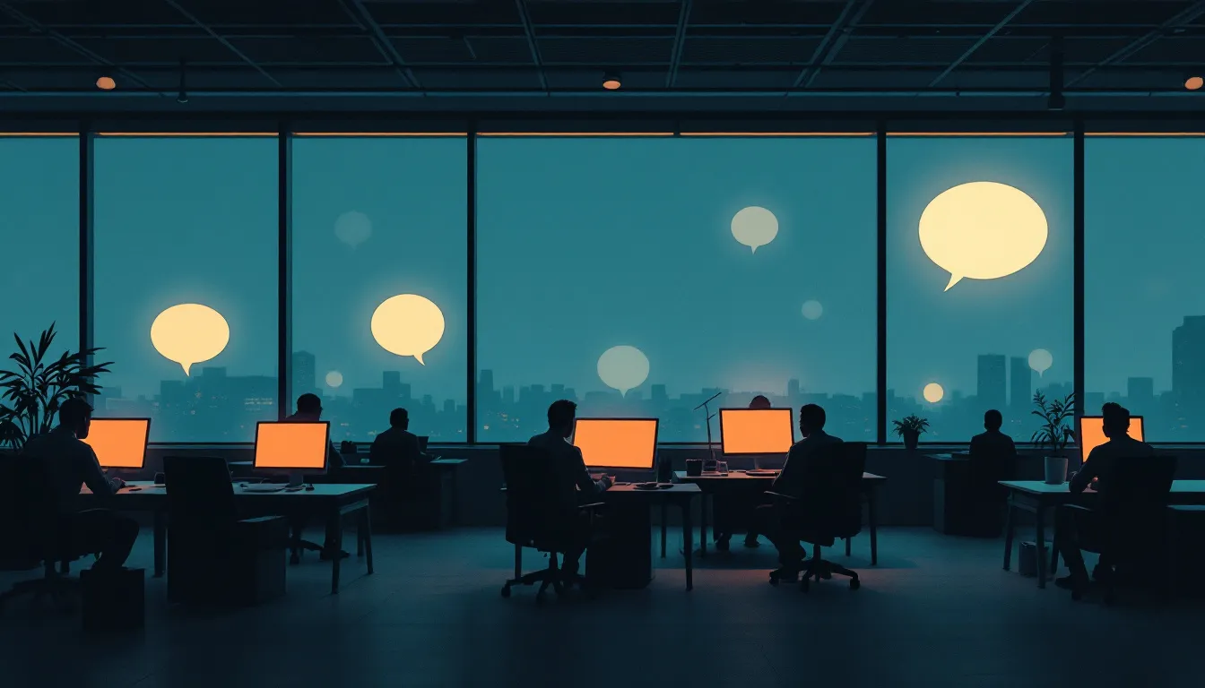 A risograph-style office interior at dusk with silhouetted workers at their desks, each surrounded by glowing unfilled speech-bubble outlines, and a single desk near the window whose void is lit softly from within