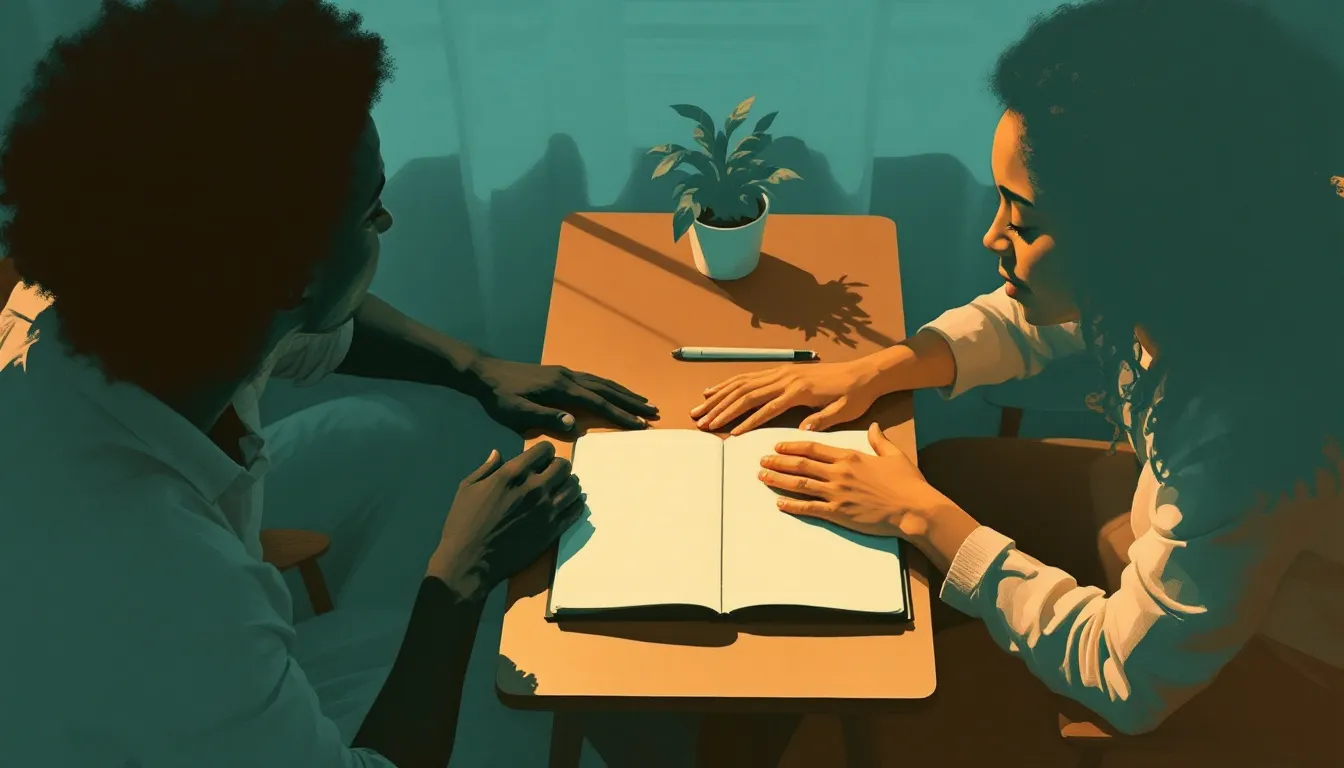 Two figures with warm brown skin tones sit across a low wooden table with an open notebook between them, seen from slightly above, neither face visible, in a quiet interior with teal and terracotta risograph-style color passes