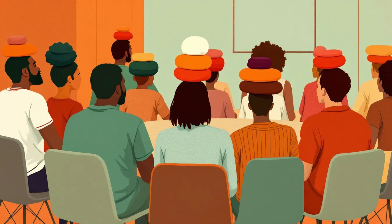 A risograph illustration of a circle of people seated in a community meeting, each carrying abstract stacked shapes of different sizes on their shoulders, with diverse skin tones visible from the back and sides
