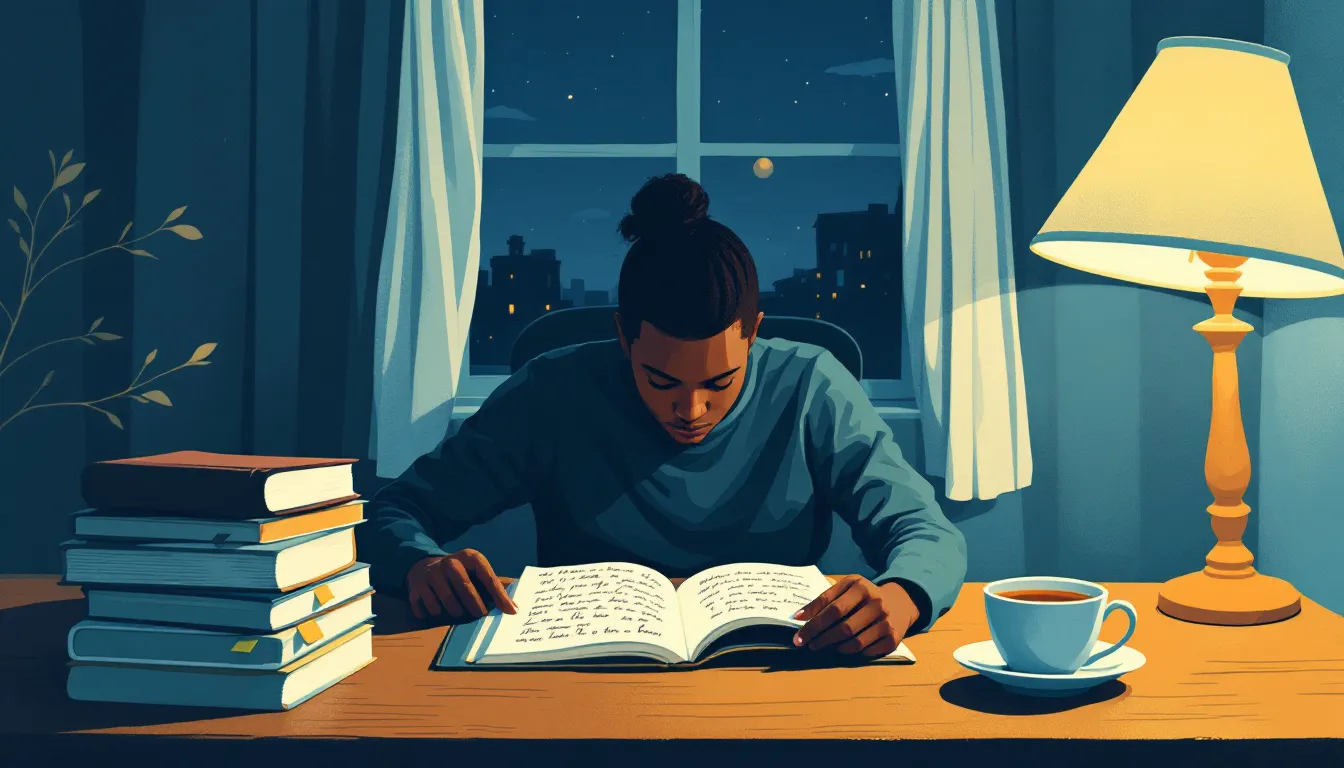 A person with warm brown skin sits at a lamp-lit desk, hand resting on an open notebook, with a book and cup of tea nearby and a deep indigo evening sky through the window behind them, all rendered in a two-color teal and ochre risograph style