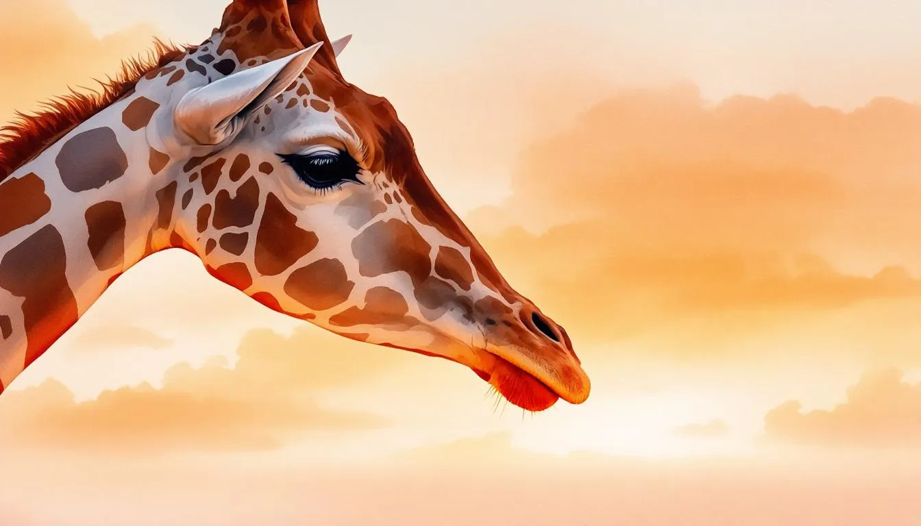 Close profile of a giraffe against a soft orange sunset sky