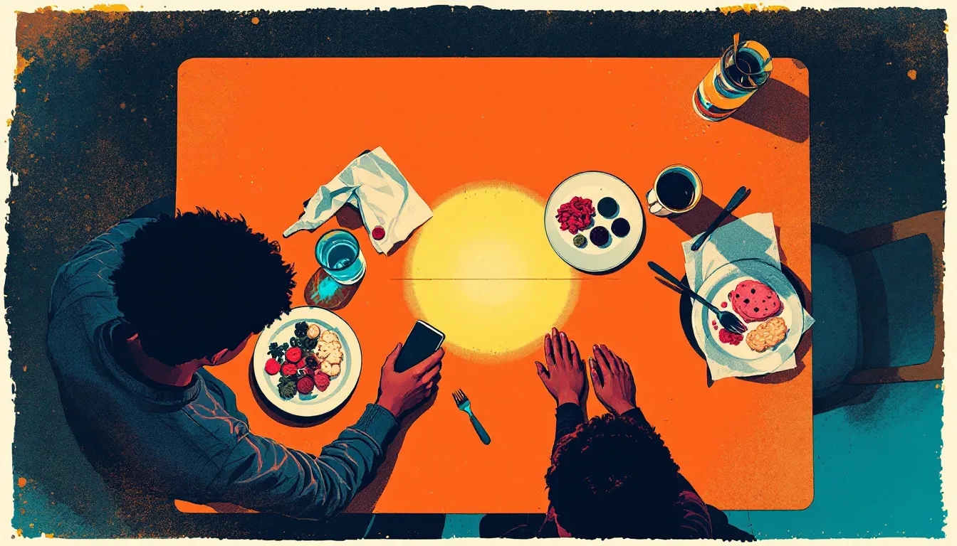 Overhead risograph illustration of a kitchen table at dusk showing a teenager with a face-down phone and a parent with open hands, separated by a warm amber glow