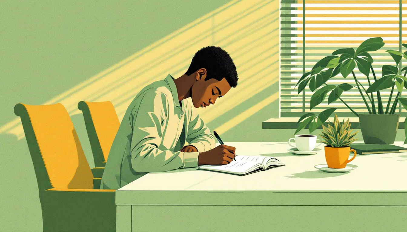 A person with medium-brown skin sits alone at a wide desk writing in a notebook, warm amber light from venetian blinds casting soft shadows across the page.