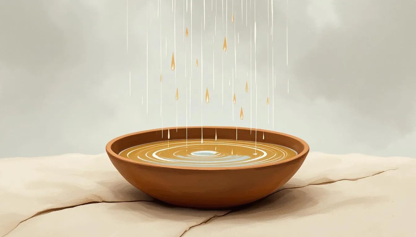 Thin streams of rain fall into a brimming clay bowl resting on pale cloth