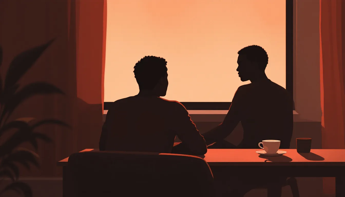 A person with medium-brown skin sits with their back to us in a warmly lit room, shoulders relaxed, a silhouette of another figure barely visible at the edge of the frame, a cup of tea and a potted plant nearby