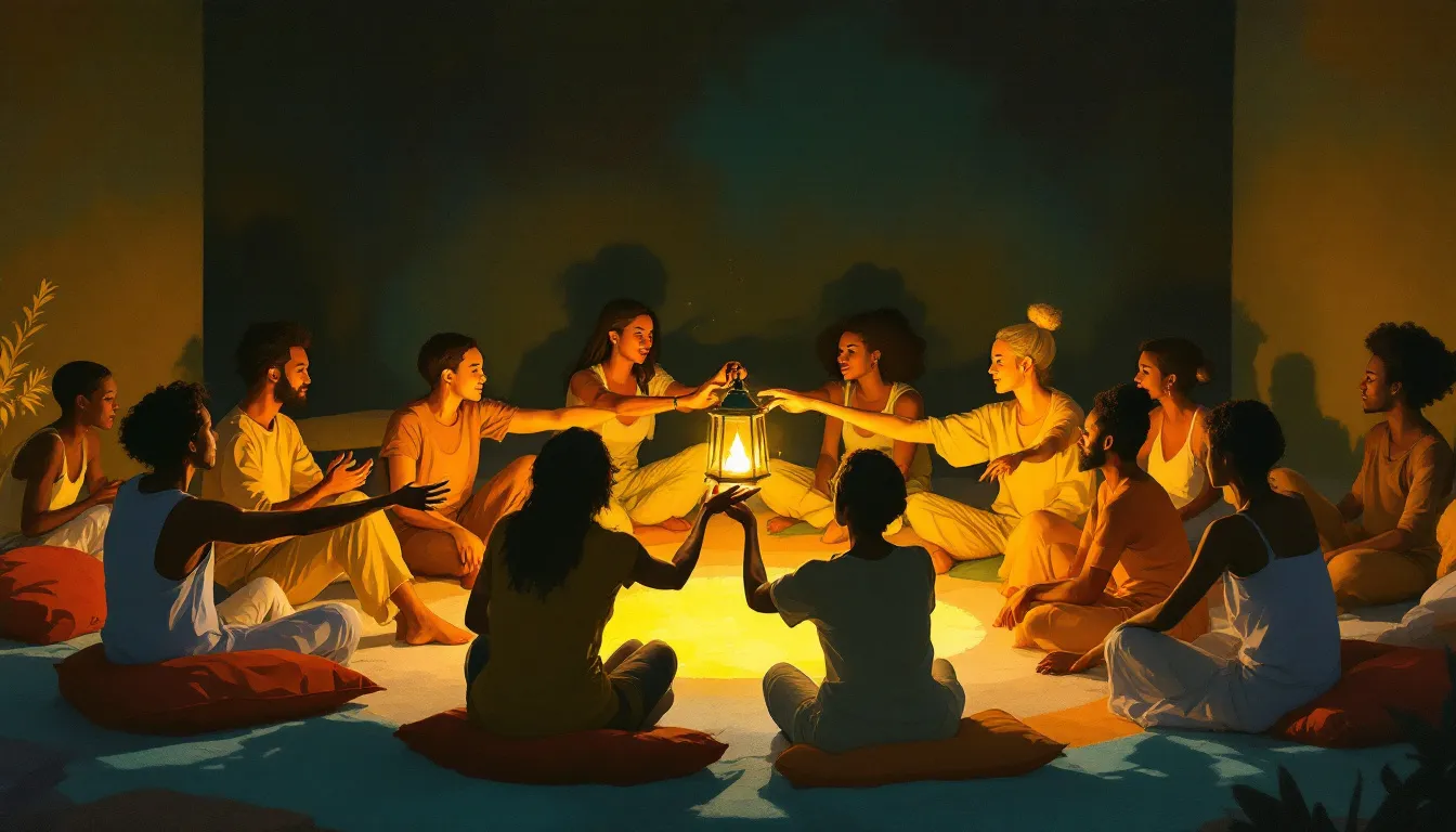 A gouache illustration of a diverse group of people seated in an open circle at evening, passing a small glowing lantern from hand to hand, with warm amber light and deep olive and terracotta tones throughout the room