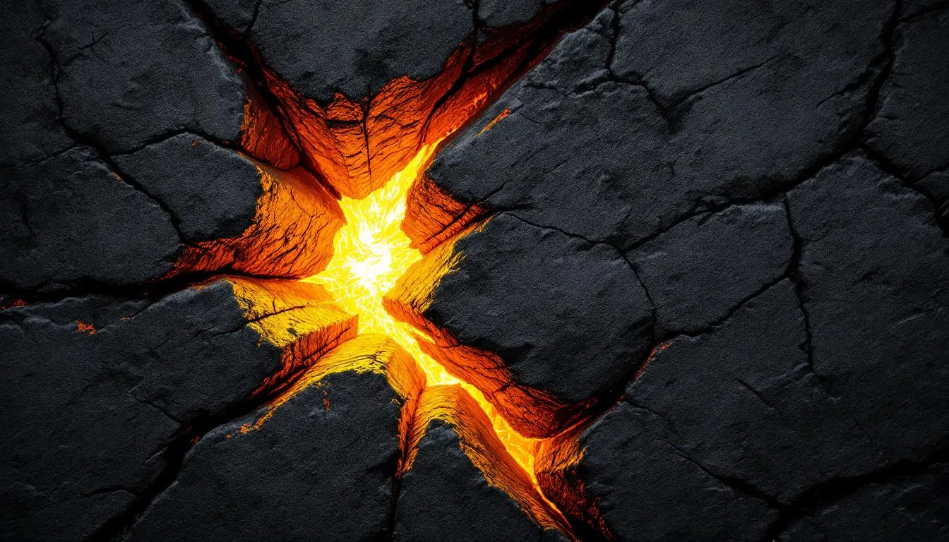 Molten orange lava glowing in a jagged X-shaped crack across dark volcanic rock