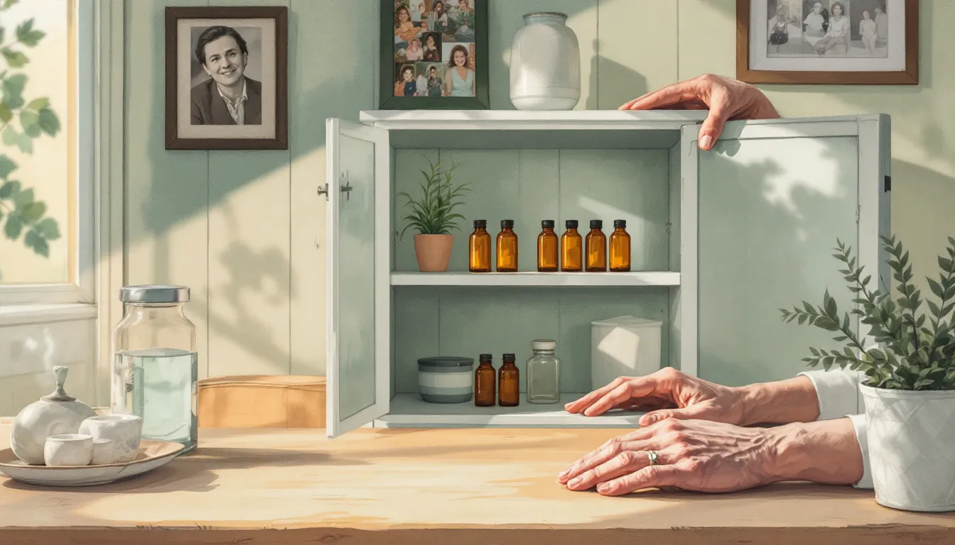 An elderly person's hands resting on a kitchen table beside an open medicine cabinet with small amber bottles on a lower shelf, afternoon light falling across worn wood, a younger adult hand visible near the cabinet door