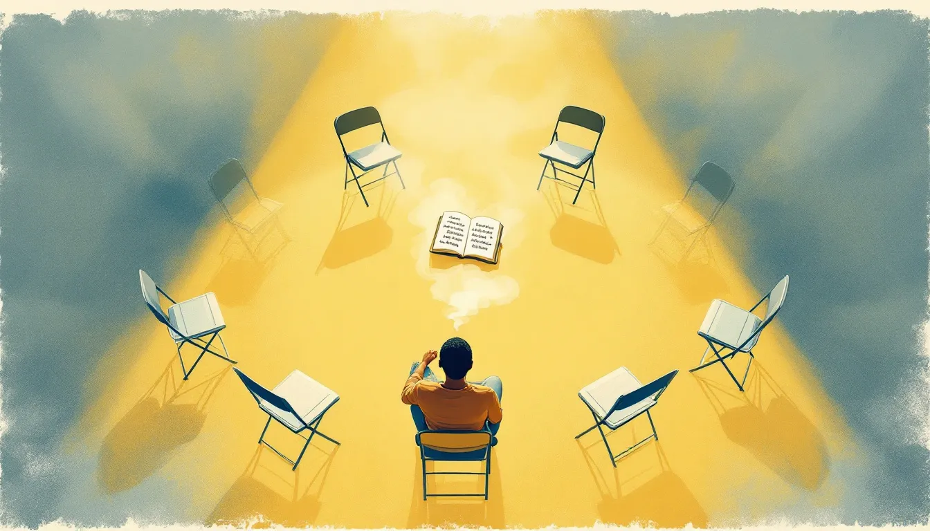 Overhead view of an empty community circle of folding chairs with a single figure seated, seen from behind, holding a softly glowing talking piece while words dissolve into smoke from an open notebook at the center