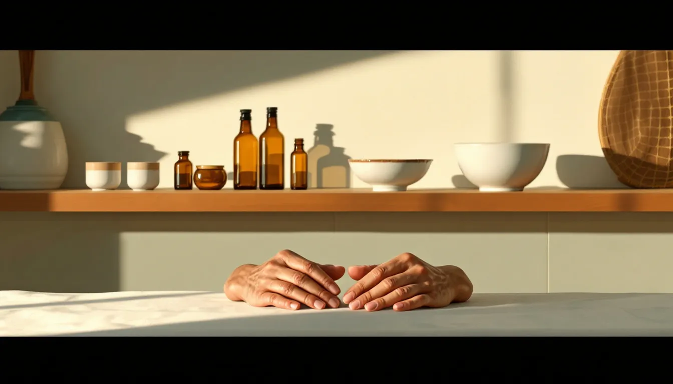 Gouache illustration of aged hands resting open on a linen tablecloth in the foreground, with amber glass bottles on a wooden shelf softly lit in the background