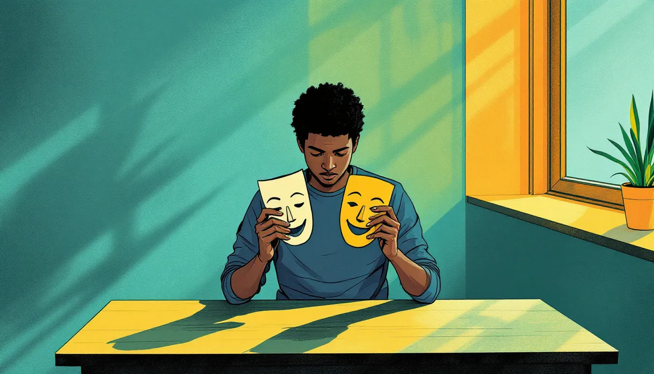A person with light brown skin sits at a wooden table holding a smiling paper mask at arm's length, their own expression uncertain and searching, with a backlit plant on the windowsill behind them