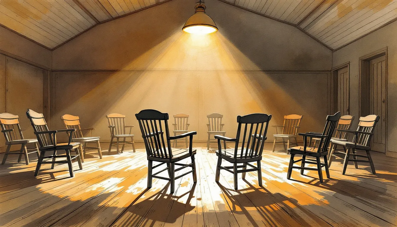 A circle of mismatched wooden chairs in a warmly lit community hall, with one chair pulled slightly out of the circle and turned at an angle, facing back toward the group