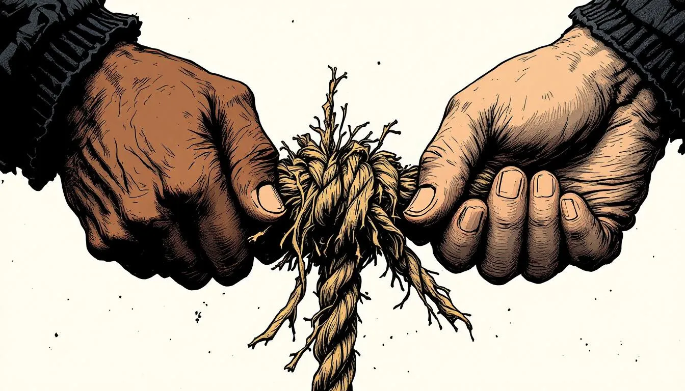 Two hands gripping the frayed ends of a rope fraying apart between them