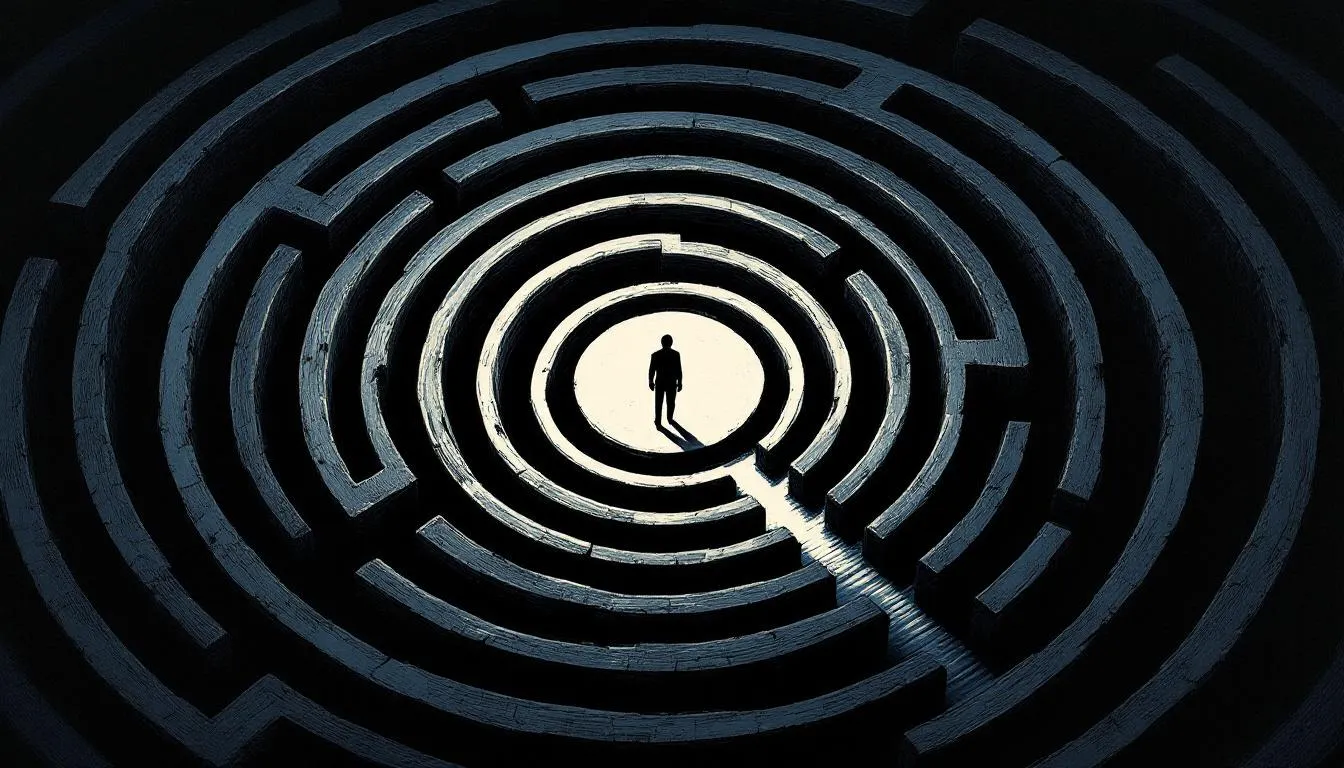 Aerial view of a small figure at the lit center of a dark circular maze with one open path