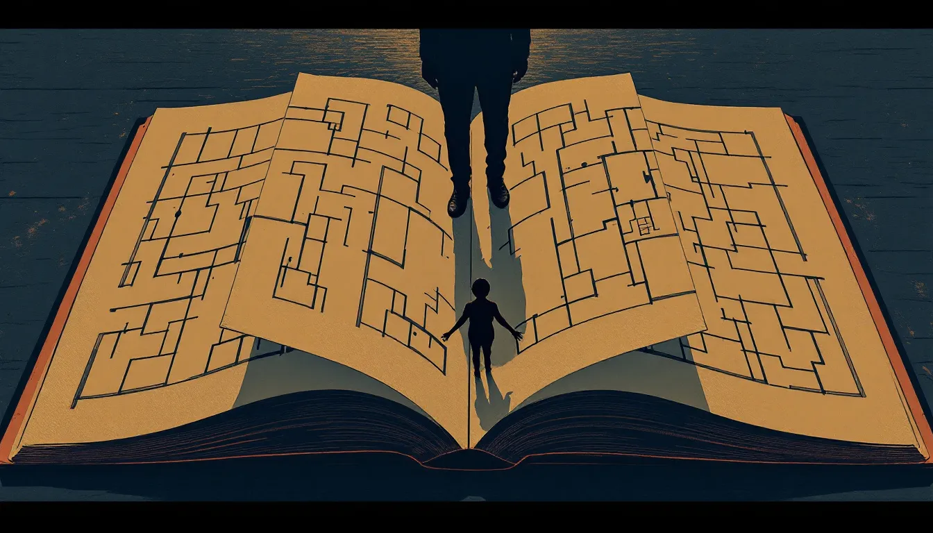 Woodcut illustration of a small silhouette standing inside a giant open book whose curling pages form walls, while a towering shadowed figure looms outside on terracotta and indigo ground