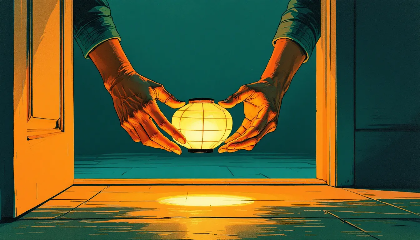 Two pairs of hands with medium-brown and light-olive skin tones pass a small glowing paper lantern across a doorway threshold, its warm light pooling on worn wooden floorboards against a deep teal background, in risograph illustration style.