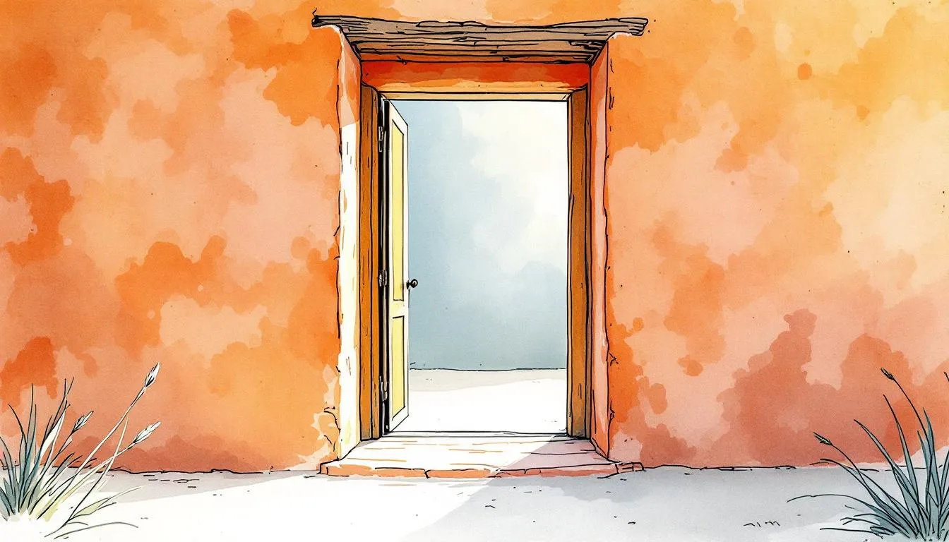 An open wooden door in a warm orange wall opens onto bright empty space